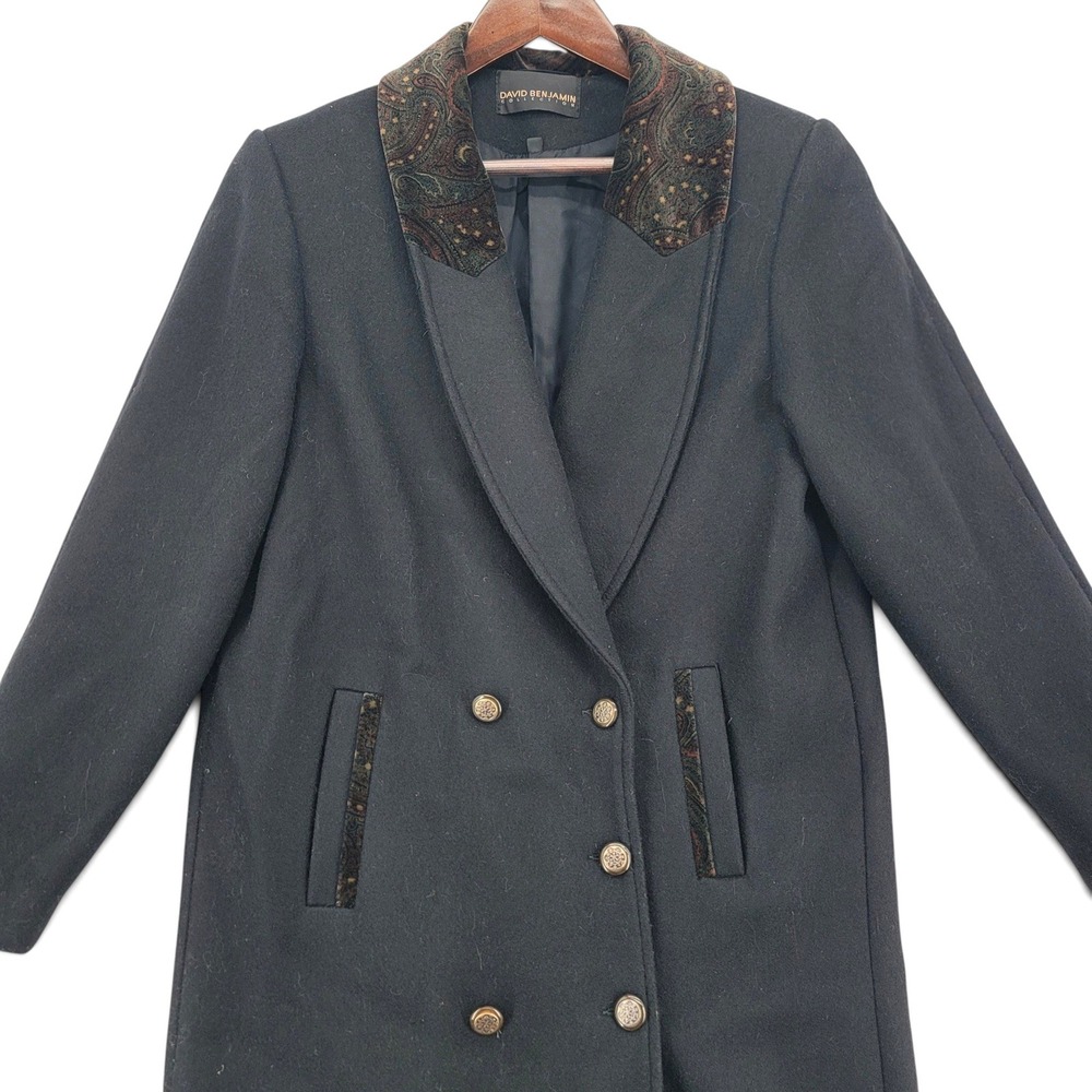 Vintage Wool Coat‎ Paisley Collar Women's Black Long Jacket Classic Tailored